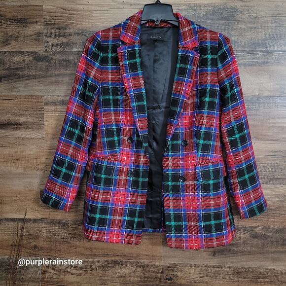 Talbots Blazer 8 Tartan Plaid Wool Blend Sequins Open Front Button Accents NWOT - Picture 1 of 10